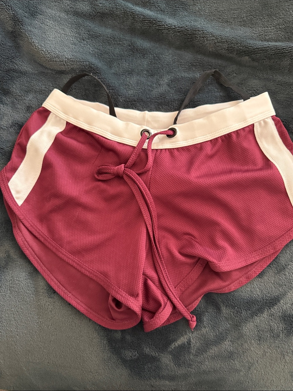 Men’s Waist Drawstring Athletic Shorts in Burgundy White Trim w strap support